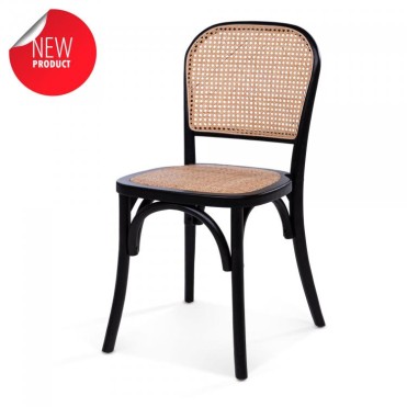 Café chair with black wooden frame and a rattan seat and back.