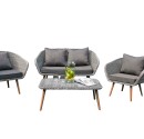 Lounge Set with sofa, two chairs and one coffeetable. With cushions. Grey wicker