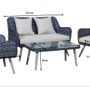 Lounge Set with sofa, two chairs and one coffeetable. With cushions. Grey wicker.