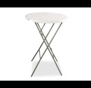 Foldable cocktail table with a white round top and grey metal legs, suitable for indoor and outdoor use.
