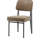 Restaurant chair with black metal frame. Seat and Back upholstered with articificial leather in a brown color.