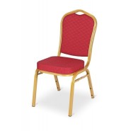 Banketstol med stålramme i gylden farve og med rød polstring på sæde og ryg