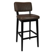 Barstool for café with black wooden frame and brown artificial leather