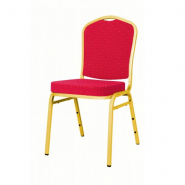 Klasisk Banquet stol med rødt stof og guld ramme. Kan stables
