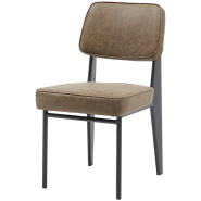 Restorāna krēsls ar melnu metāla rāmi. Sēdeklis un atzveltne polsterēti ar mākslīgo ādu brūnā krāsā.