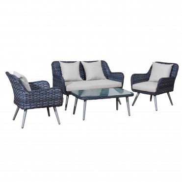 Lounge Set with sofa, two chairs and one coffeetable. With cushions. Grey wicker.