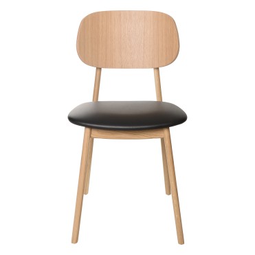 Natural wood colored café chair with black artificial leather on the seat. 