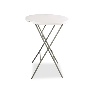 Foldable cocktail table with a white round top and grey metal legs, suitable for indoor and outdoor use.