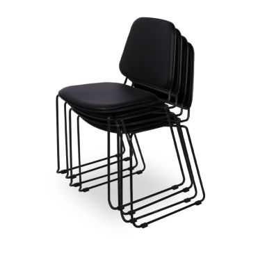 Four seminar chairs stacked. Black artificial leather on seat and back and black steel frame. 