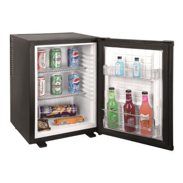 Hotel Minibar with open door showing on display drinks and snacks.